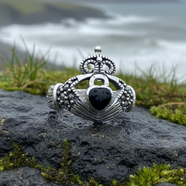 Claddagh Ring, Celtic Jewelry, Irish Jewelry, Celtic Knot Jewelry, Onyx Irish Ring, Irish Dance Gift, Anniversary Gift, Luckenbooth Ring