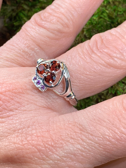 Load image into Gallery viewer, Claddagh Ring, Celtic Jewelry, Irish Jewelry, Celtic Knot Jewelry, Irish Ring, Irish Dance Gift, Anniversary Gift, Bridal Ring, Garnet Ring
