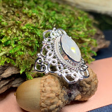 Load image into Gallery viewer, Celtic Spiral Ring, Moonstone Jewelry, Large Moonstone Ring, Celestial Jewelry, Celtic Jewelry, Anniversary Gift, Wiccan Jewelry, Boho Ring
