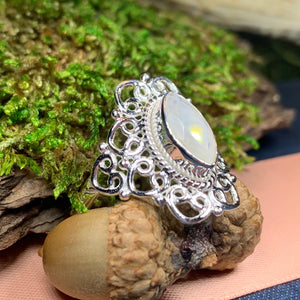 Celtic Spiral Ring, Moonstone Jewelry, Large Moonstone Ring, Celestial Jewelry, Celtic Jewelry, Anniversary Gift, Wiccan Jewelry, Boho Ring