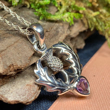 Load image into Gallery viewer, Thistle Necklace, Outlander Jewelry, Scotland Jewelry, Celtic Jewelry, Sister Gift, Mom Gift, Wife Gift, Anniversary Gift, Amethyst Pendant
