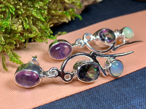 Load image into Gallery viewer, Celtic Mystic Topaz Earrings, Celtic Jewelry, Rainbow Topaz Jewelry, Boho Earrings, Anniversary Gift, Dangle Earrings, Celestial Jewelry
