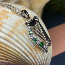 Load image into Gallery viewer, Harp Necklace, Celtic Jewelry, Irish Necklace, Ireland Jewelry, Harp Pendant, Emerald Pendant, Music Jewelry, Mom Gift, Wife Gift
