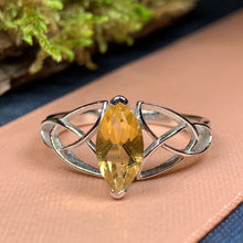 Load image into Gallery viewer, Celtic Knot Ring, Celtic Ring, Promise Ring, Irish Ring, Citrine Ring, Irish Dance Gift, Anniversary Gift, Silver Boho Ring, Scottish Ring
