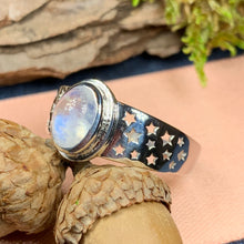 Load image into Gallery viewer, Silver Stars Ring, Moonstone Ring, Celestial Ring, Celtic Ring, Anniversary Gift, Wiccan Jewelry, Boho Statement Ring, Mom Gift, Wife Gift
