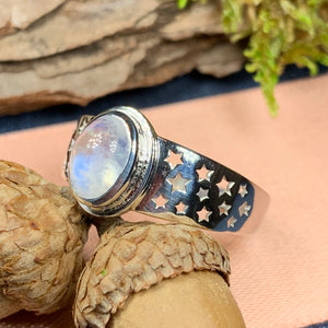 Silver Stars Ring, Moonstone Ring, Celestial Ring, Celtic Ring, Anniversary Gift, Wiccan Jewelry, Boho Statement Ring, Mom Gift, Wife Gift