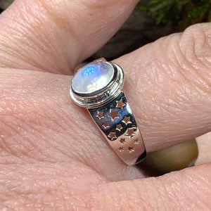 Silver Stars Ring, Moonstone Ring, Celestial Ring, Celtic Ring, Anniversary Gift, Wiccan Jewelry, Boho Statement Ring, Mom Gift, Wife Gift