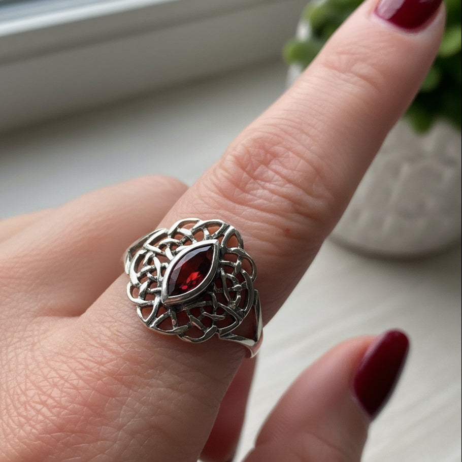 Leanna Garnet Celtic Knot Ring in Sterling Silver — view 8