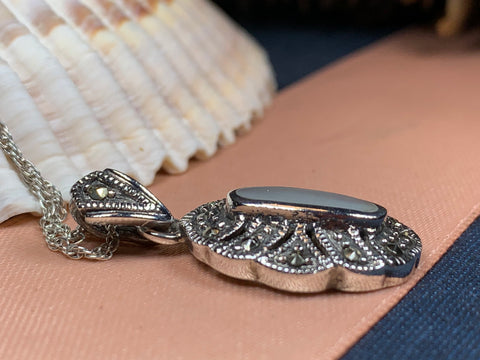 Load image into Gallery viewer, Victorian Necklace, Celtic Jewelry, Marcasite Jewelry, Mother of Pearl Jewelry, Wiccan Jewelry, Anniversary Gift
