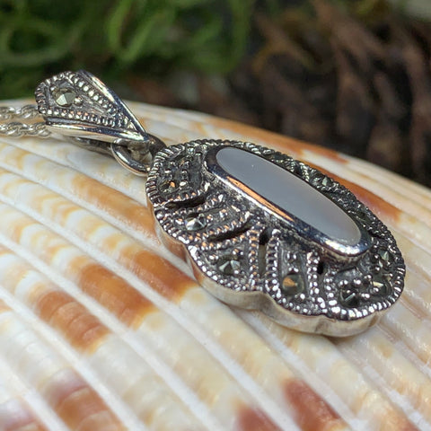 Load image into Gallery viewer, Victorian Necklace, Celtic Jewelry, Marcasite Jewelry, Mother of Pearl Jewelry, Wiccan Jewelry, Anniversary Gift
