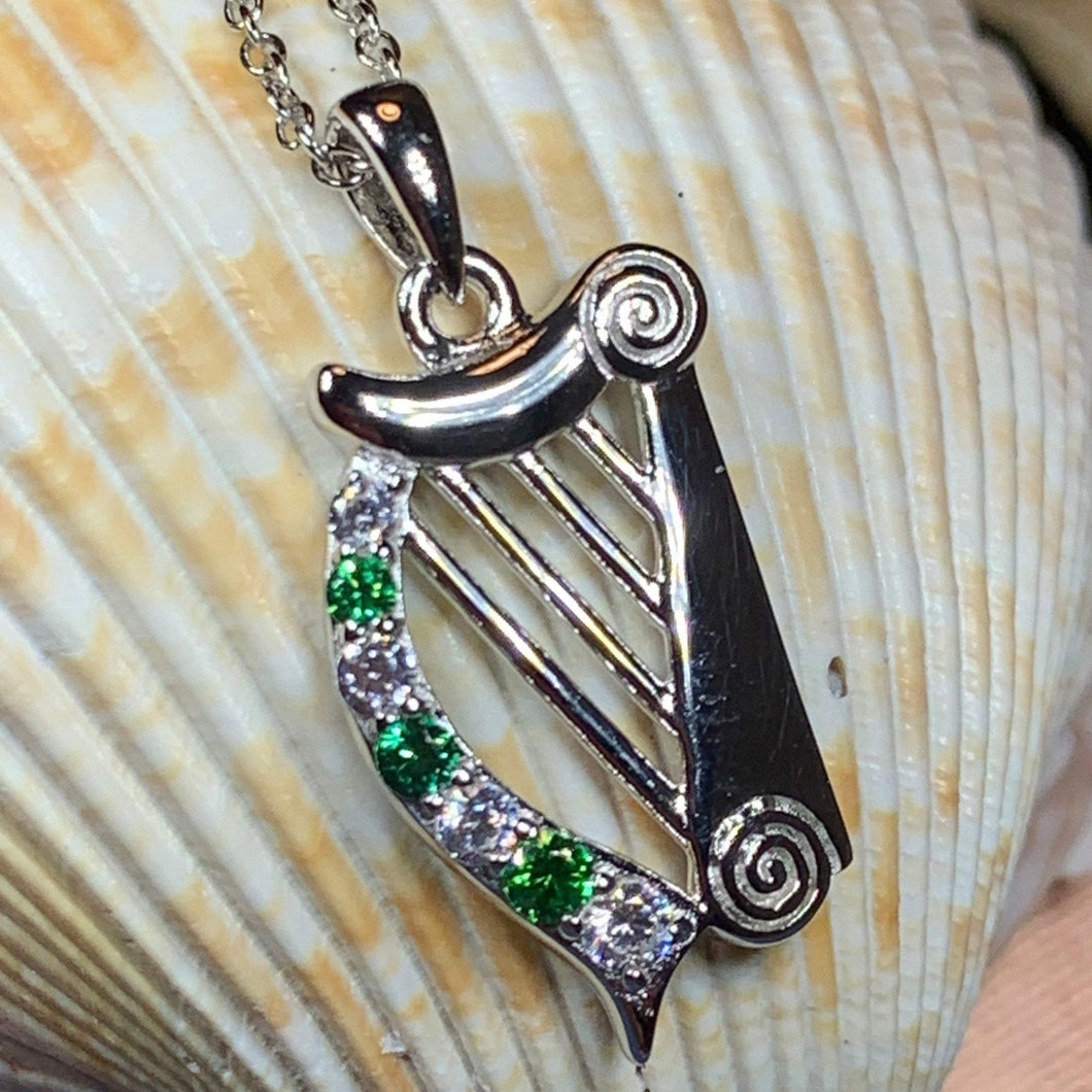 Harp Necklace, Celtic Jewelry, Irish Necklace, Ireland Jewelry, Harp Pendant, Emerald Pendant, Music Jewelry, Mom Gift, Wife Gift