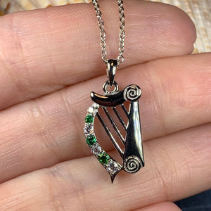 Harp Necklace, Celtic Jewelry, Irish Necklace, Ireland Jewelry, Harp Pendant, Emerald Pendant, Music Jewelry, Mom Gift, Wife Gift