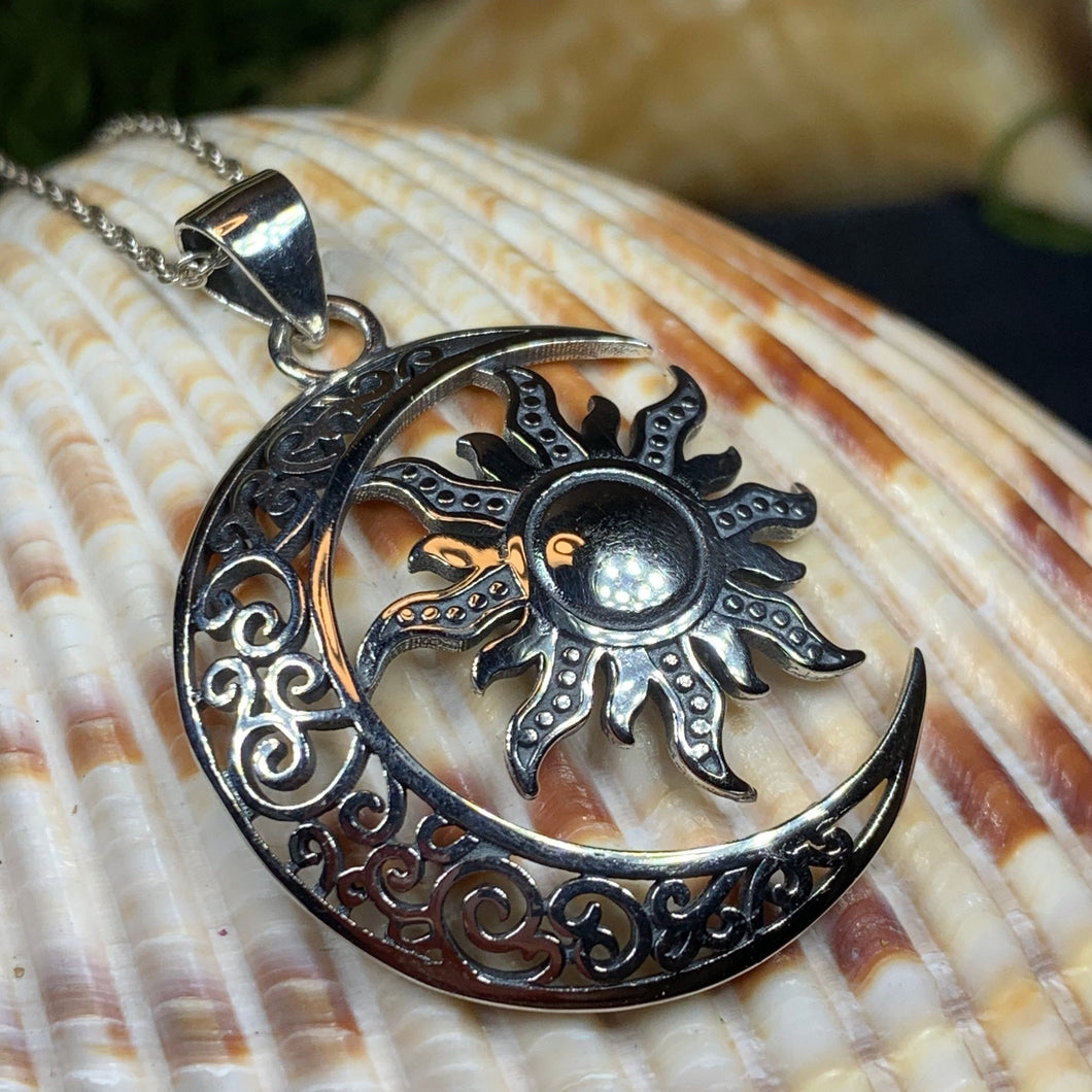Moon Necklace, Sun Necklace, Celestial Jewelry, Mystical Jewelry, Friendship Gift, Celtic Pendant, Crescent Moon Pendant, Pagan Necklace