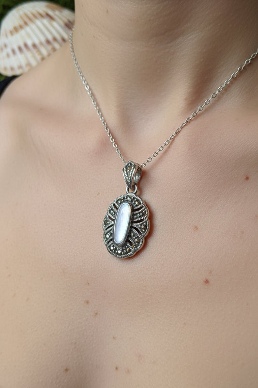 Victorian Necklace, Celtic Jewelry, Marcasite Jewelry, Mother of Pearl Jewelry, Wiccan Jewelry, Anniversary Gift