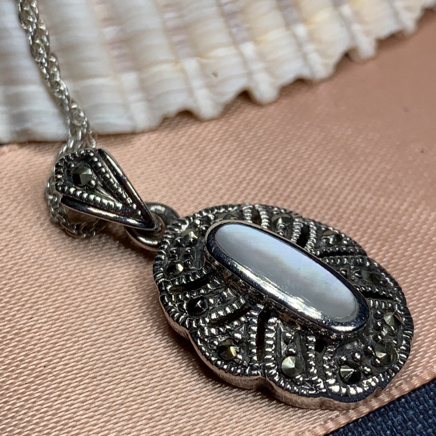 Victorian Necklace, Celtic Jewelry, Marcasite Jewelry, Mother of Pearl Jewelry, Wiccan Jewelry, Anniversary Gift