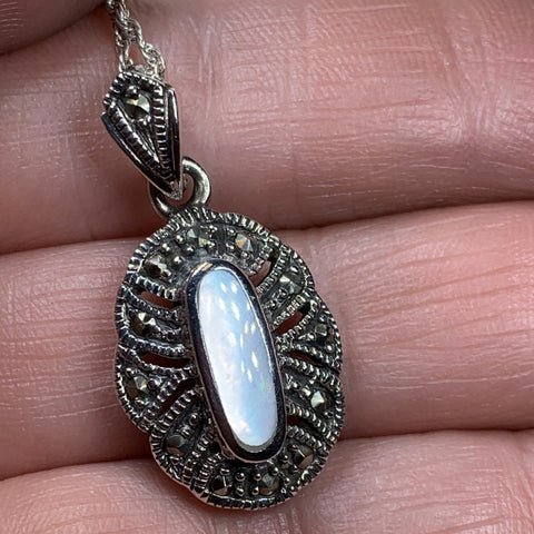 Load image into Gallery viewer, Victorian Necklace, Celtic Jewelry, Marcasite Jewelry, Mother of Pearl Jewelry, Wiccan Jewelry, Anniversary Gift
