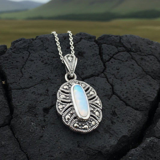 Victorian Necklace, Celtic Jewelry, Marcasite Jewelry, Mother of Pearl Jewelry, Wiccan Jewelry, Anniversary Gift