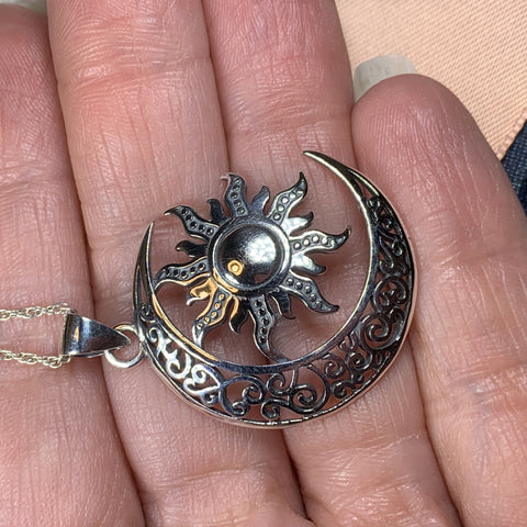 Load image into Gallery viewer, Moon Necklace, Sun Necklace, Celestial Jewelry, Mystical Jewelry, Friendship Gift, Celtic Pendant, Crescent Moon Pendant, Pagan Necklace
