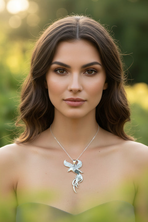 Load image into Gallery viewer, Phoenix Necklace, Celtic Jewelry, Bird Pendant, Firebird Jewelry, Inspirational Gift, Pagan Jewelry, Viking Jewelry, Gothic Jewelry
