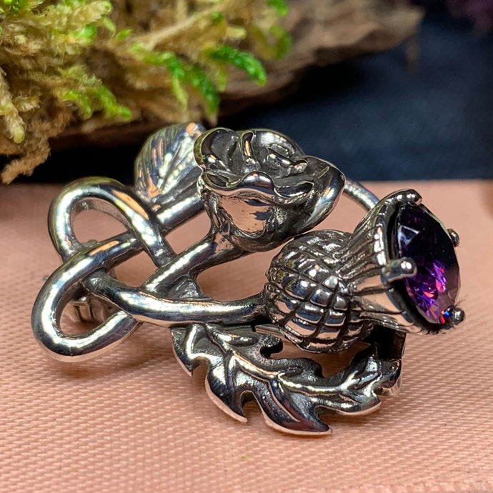Thistle Brooch, Scotland Jewelry, Outlander Jewelry, Amethyst Brooch, Thistle Jewelry, Scottish Jewelry, Celtic Brooch, Rose Brooch