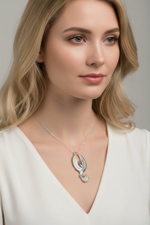 Load image into Gallery viewer, Phoenix Necklace, Celtic Jewelry, Bird Pendant, Firebird Jewelry, Silver Inspirational Gift, Pagan Jewelry, Viking Jewelry, Gothic Jewelry
