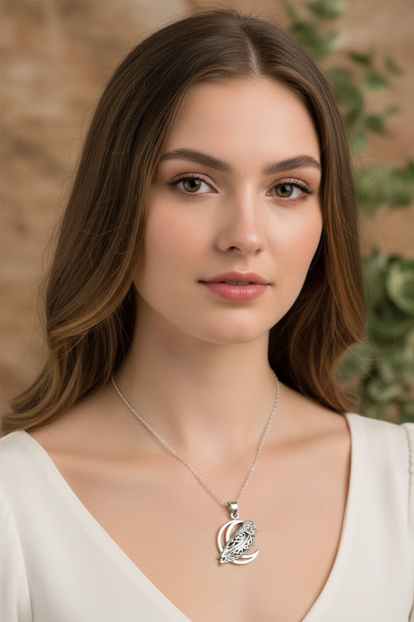 Celtic Crescent Moon Owl Necklace in Sterling Silver — view 7