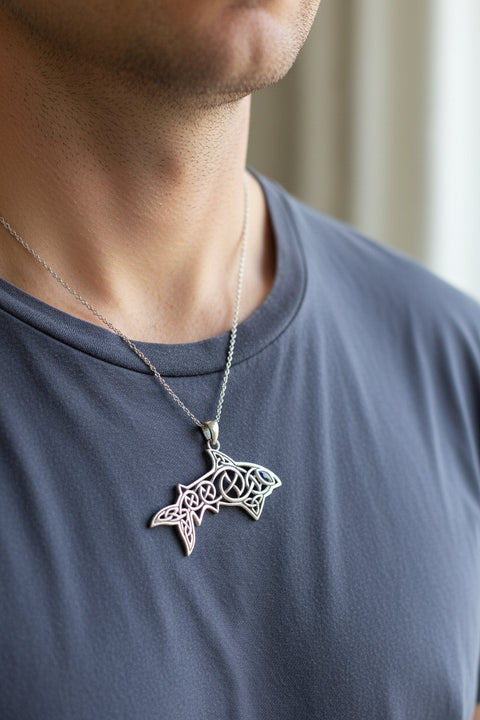 Load image into Gallery viewer, Shark Necklace, Celtic Jewelry, Celtic Shark Pendant, Irish Jewelry, Ocean Jewelry, Fish Jewelry, Celtic Knot Jewelry, Survivor Gift
