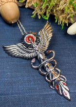 Load image into Gallery viewer, Phoenix Necklace, Celtic Jewelry, Bird Pendant, Firebird Jewelry, Doctor Gift, Pagan Jewelry, Viking Jewelry, Gothic Jewelry, Caduceus Gift
