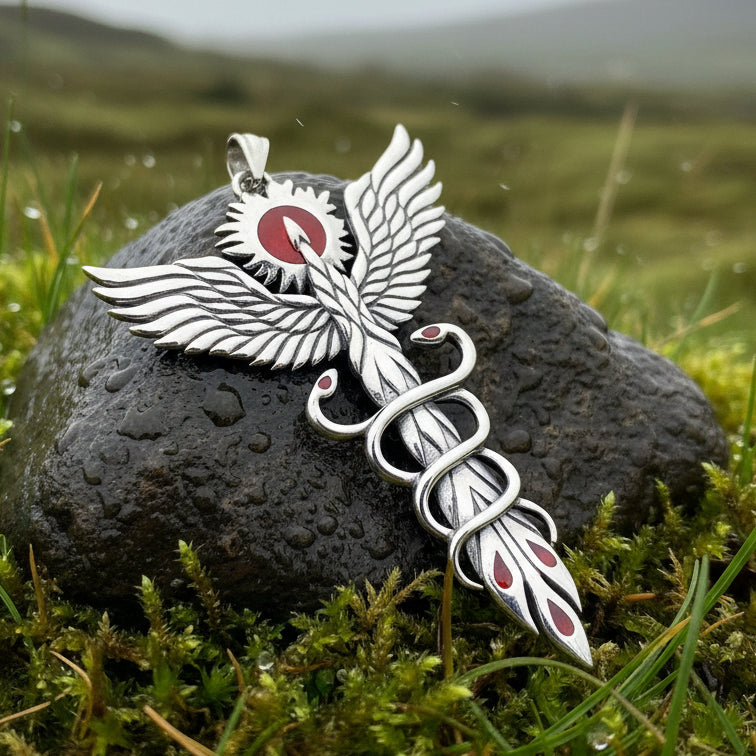 Phoenix Necklace, Celtic Jewelry, Bird Pendant, Firebird Jewelry, Doctor Gift, Pagan Jewelry, Viking Jewelry, Gothic Jewelry, Caduceus Gift