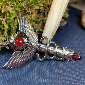Phoenix Necklace, Celtic Jewelry, Bird Pendant, Firebird Jewelry, Doctor Gift, Pagan Jewelry, Viking Jewelry, Gothic Jewelry, Caduceus Gift