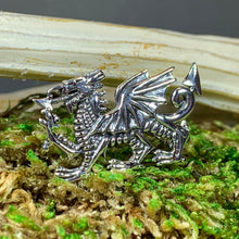 Load image into Gallery viewer, Welsh Dragon Brooch, Wales Jewelry, Celtic Pin, Lapel Pin, Grooms Gift, Celtic Wedding, Father&#39;s Day Gift, Celtic Pin, Pagan
