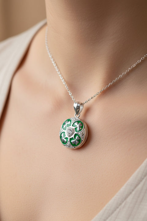 Load image into Gallery viewer, Shamrock Locket Necklace, Irish Pendant, Shamrock Jewelry, Ireland Jewelry, Celtic Jewelry, Anniversary Gift, Bridal Jewelry, Clover Pendant
