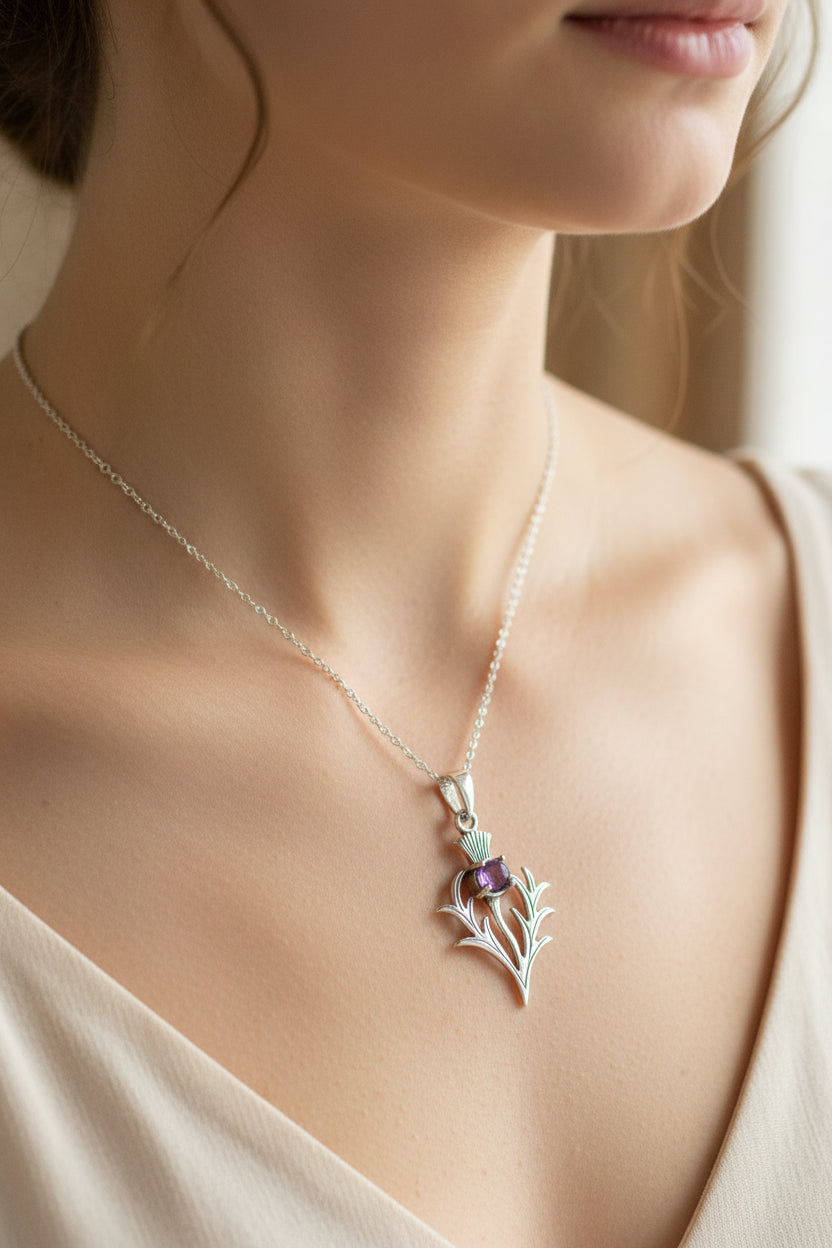Thistle Necklace, Outlander Jewelry, Scotland Jewelry, Celtic Jewelry, Sister Gift, Mom Gift, Wife Gift, Anniversary Gift, Amethyst Pendant