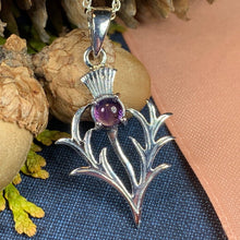 Load image into Gallery viewer, Thistle Necklace, Outlander Jewelry, Scotland Jewelry, Celtic Jewelry, Sister Gift, Mom Gift, Wife Gift, Anniversary Gift, Amethyst Pendant
