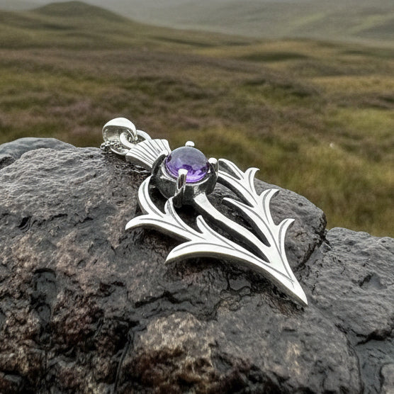 Thistle Necklace, Outlander Jewelry, Scotland Jewelry, Celtic Jewelry, Sister Gift, Mom Gift, Wife Gift, Anniversary Gift, Amethyst Pendant