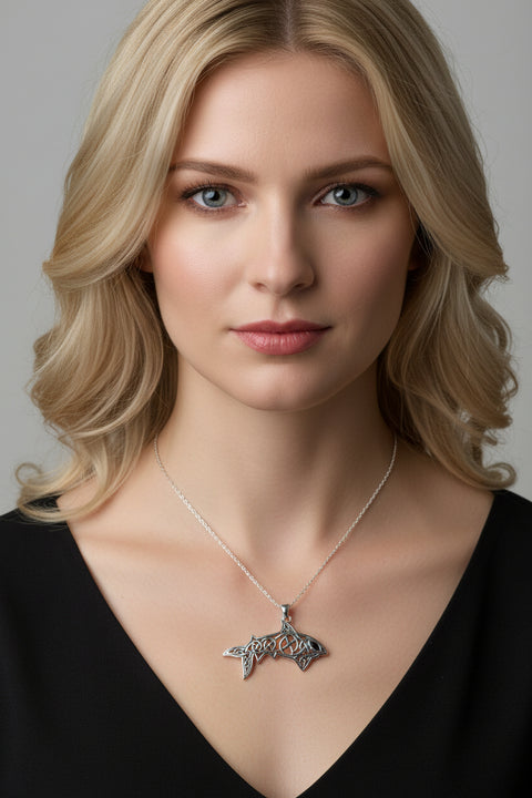 Load image into Gallery viewer, Shark Necklace, Celtic Jewelry, Celtic Shark Pendant, Irish Jewelry, Ocean Jewelry, Fish Jewelry, Celtic Knot Jewelry, Survivor Gift
