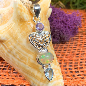 Celtic Heart Necklace, Opal Pendant, Celtic Jewelry, Irish Jewelry, Heart Pendant, Anniversary Gift, Wiccan Jewelry, Wife Gift, Mom Gift