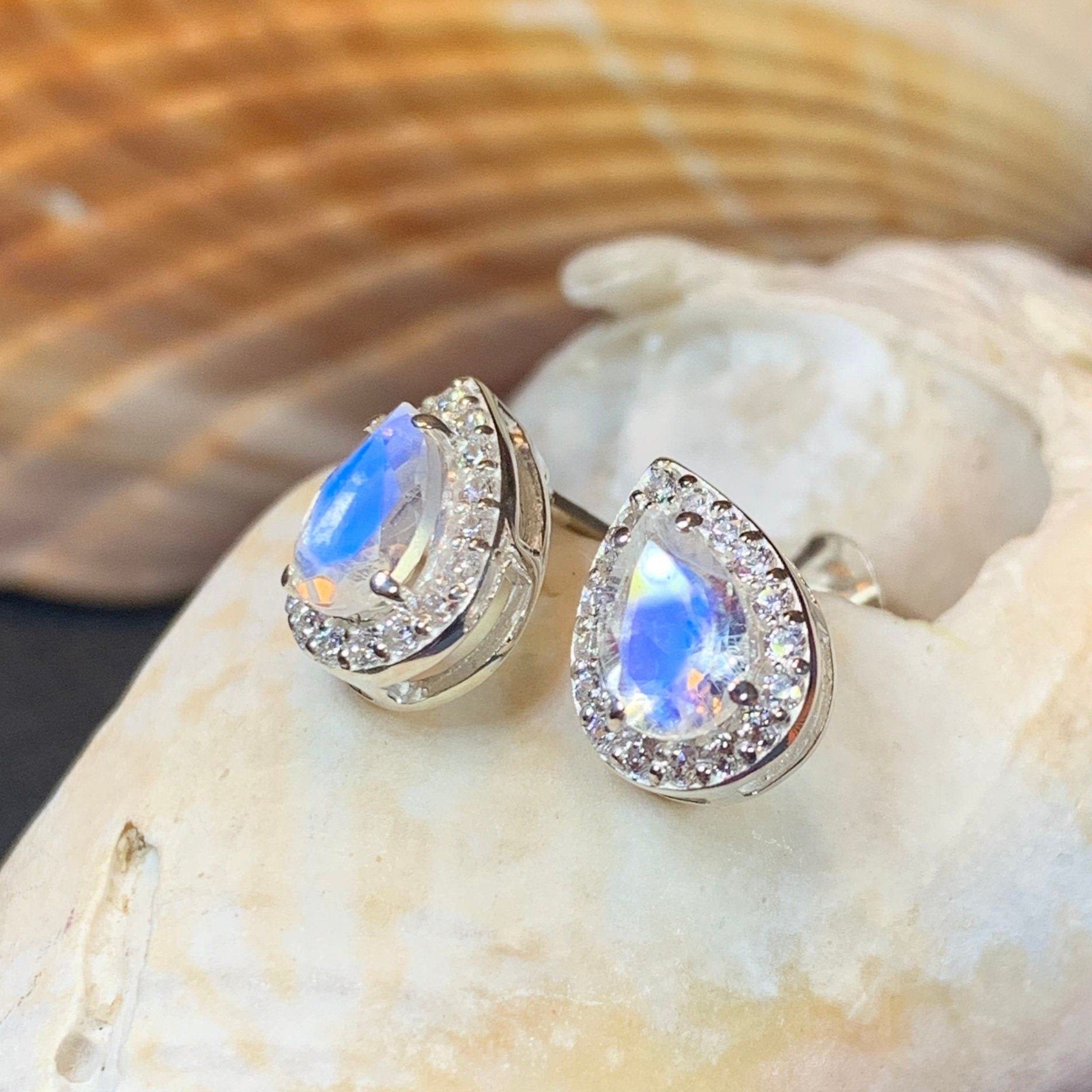 Cushion Cut Moonstone Stud Earrings With Diamond Halo – Milestones by  Ashleigh Bergman