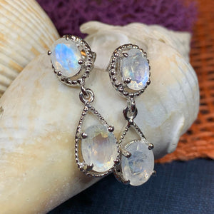 Moonstone Earrings, Bridal Drop Earrings, Faceted Moonstone Dangle Earrings, Anniversary Gift, Mom Gift, Wiccan Jewelry, June Birthstone