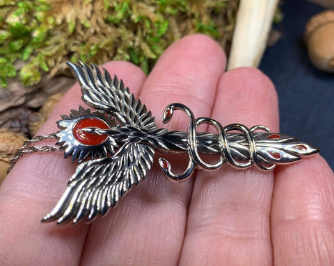 Load image into Gallery viewer, Phoenix Necklace, Celtic Jewelry, Bird Pendant, Firebird Jewelry, Doctor Gift, Pagan Jewelry, Viking Jewelry, Gothic Jewelry, Caduceus Gift
