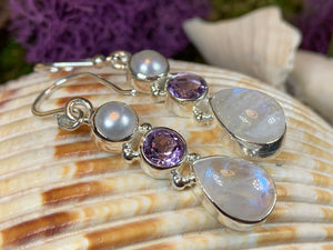 Moonstone Earrings, Amethyst Dangle Earrings, Moonstone Jewelry, Pearl Jewelry, June Birthstone, Mom Gift, Anniversary Gift, Wife Gift