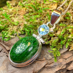 Irish Spring Necklace, Blue Topz Jewelry, Celtic Jewelry, Anniversary Gift, Green Gemstone Jewelry, Chrome Diopside Pendant, Wiccan Jewelry