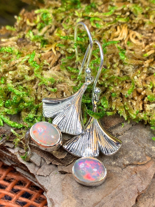 Gingko Earrings, Opal Jewelry, Tree Jewelry, Gemstone Jewelry, Leaf Jewelry, Anniversary Gift, Nature Jewelry, October Birthstone, Mom Gift