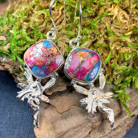 Load image into Gallery viewer, Celtic Fairy Earrings, Celtic Jewelry, Irish Jewelry, Fairy Jewelry, Wiccan Jewelry, Boho Earrings, Scotland Jewelry, Spiny Oyster Turquoise
