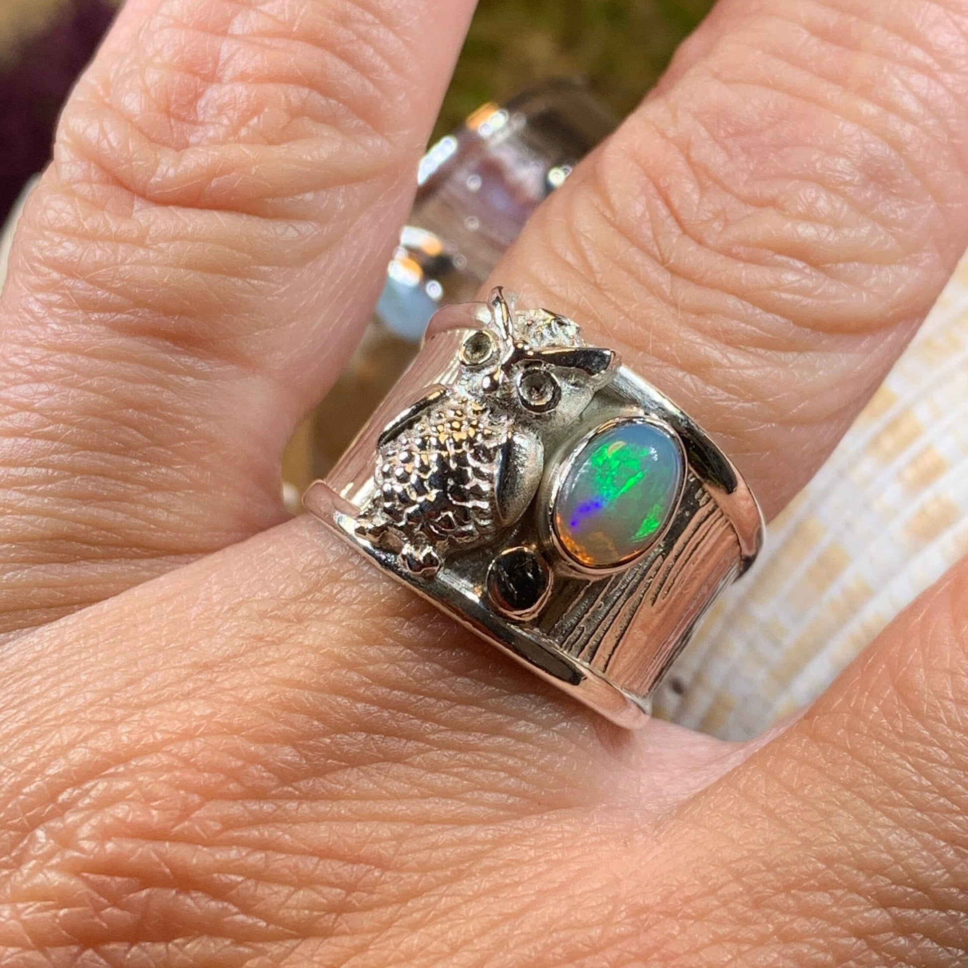 Owl Ring, Celtic Opal Ring, Larimar Ring, Owl Ring, Wide Band Ring, Boho Statement Ring, Anniversary Gift, Wiccan Jewelry, Bird Jewelry