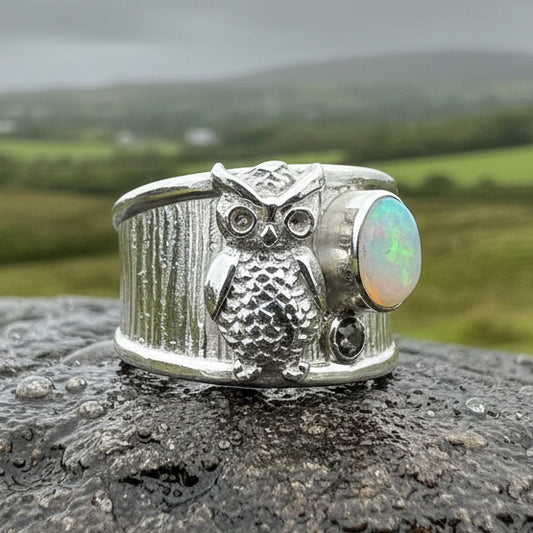Owl Ring, Celtic Opal Ring, Larimar Ring, Owl Ring, Wide Band Ring, Boho Statement Ring, Anniversary Gift, Wiccan Jewelry, Bird Jewelry