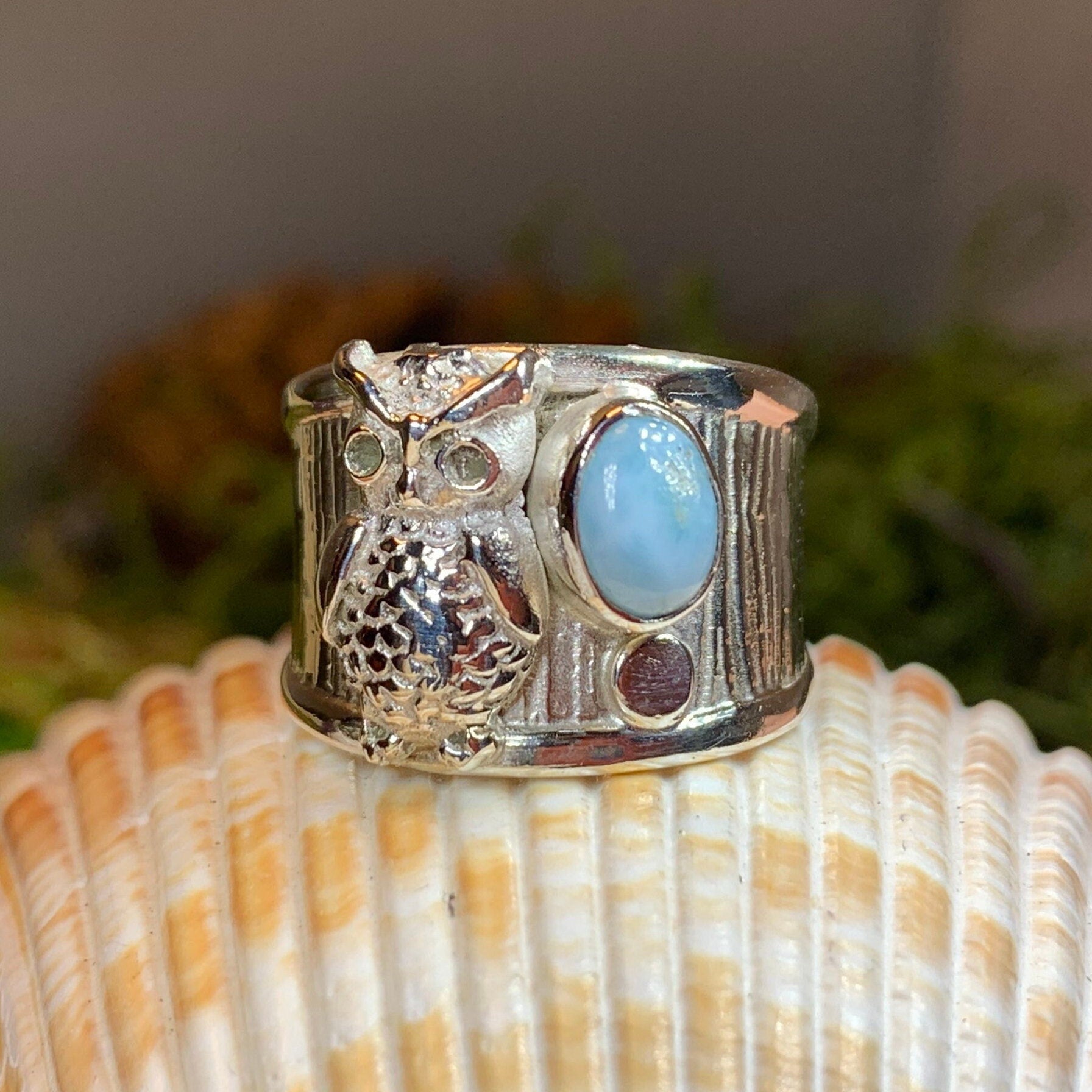 Owl Ring, Celtic Opal Ring, Larimar Ring, Owl Ring, Wide Band Ring, Boho Statement Ring, Anniversary Gift, Wiccan Jewelry, Bird Jewelry