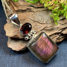 Load image into Gallery viewer, Celtic Night Necklace, Purple Labradorite Pendant, Celtic Jewelry, Anniversary Gift, Wiccan Jewelry, Garnet Pendant, Wife Gift, Sister Gift
