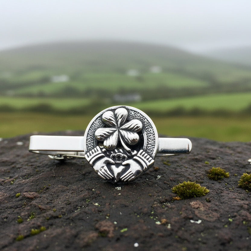 Claddagh Tie Bar, Celtic Jewelry, Irish Gift for Him, Shamrock Tie Clip, Ireland Dad Gift, Graduation Gift, Men's Jewelry, Celtic Tie Clip