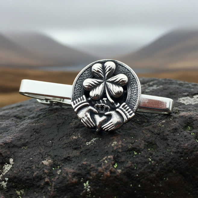 Claddagh Tie Bar, Celtic Jewelry, Irish Gift for Him, Shamrock Tie Clip, Ireland Dad Gift, Graduation Gift, Men's Jewelry, Celtic Tie Clip